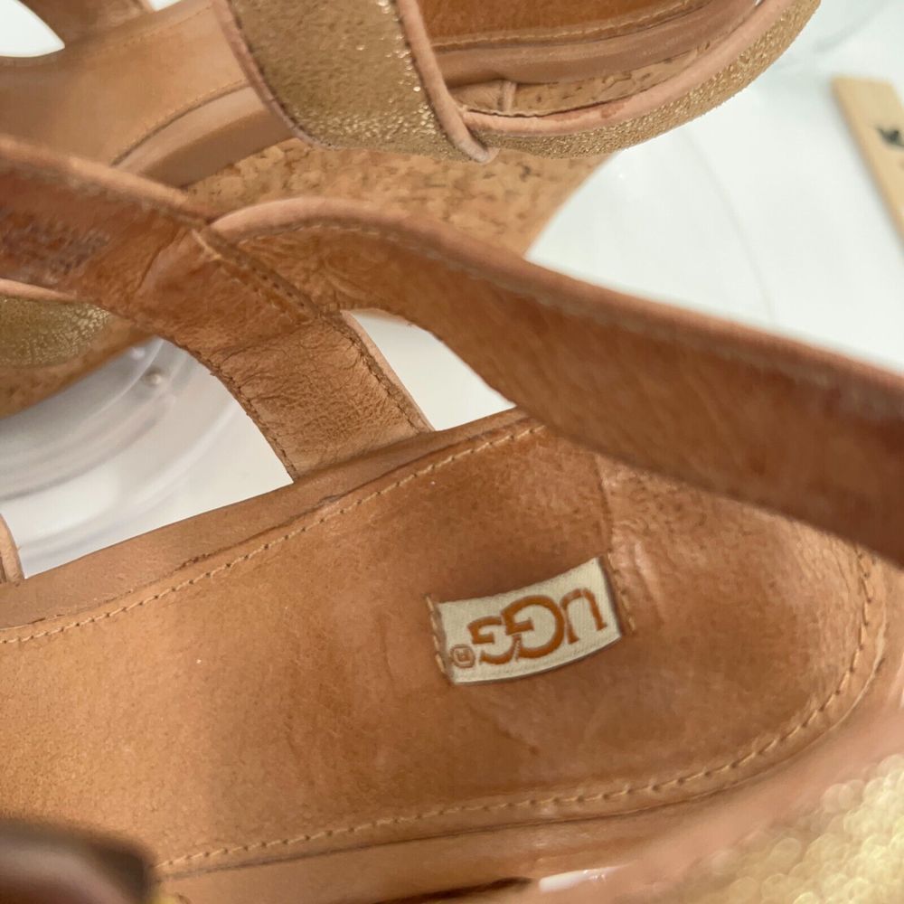 UGG Womens Size 8.5 Jazmine Wedge Metallic Gold Cork Sandals Shoes Platform - Picture 11 of 15